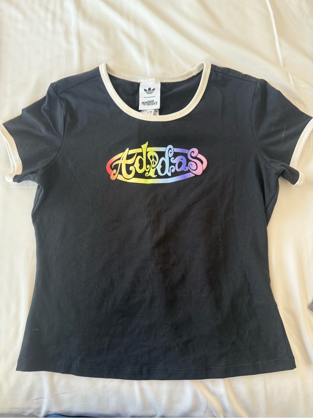 Adidas / Jeremy Scott Black Ringer Tee with Rainbow Script Logo